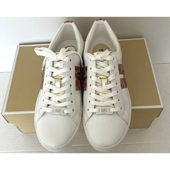 New Michael Kors Catelyn Stripe Lace Up Nappa PU sneakers size 5.5 White Peach - Picture 7 of 9
